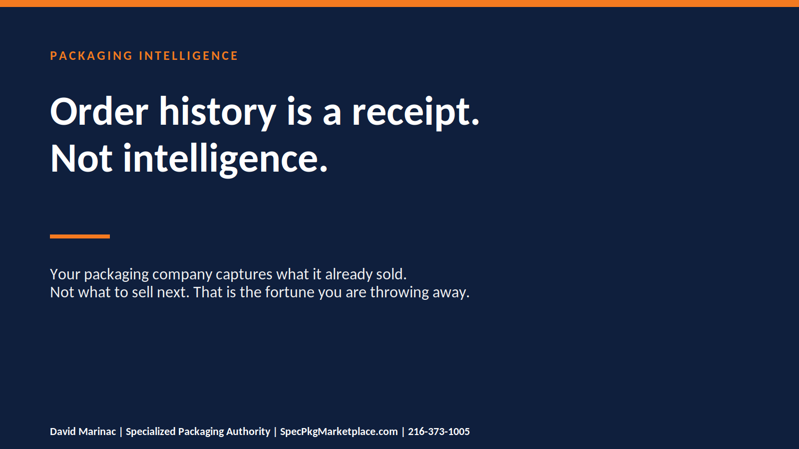 Text graphic reading Order history is a receipt, not intelligence, in the Specialized Packaging Authority brand palette.