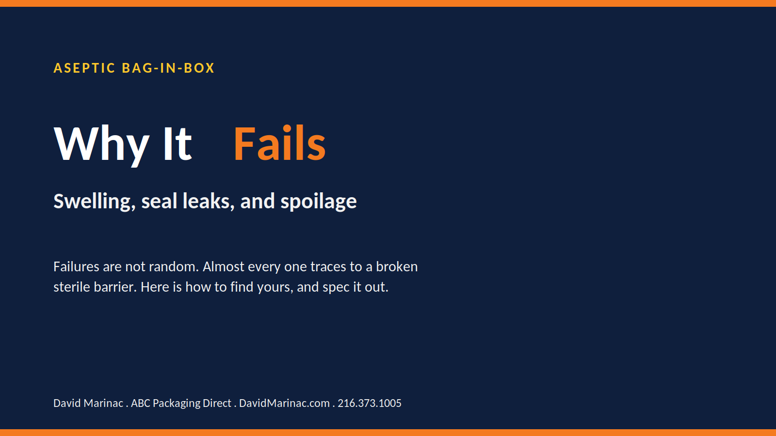 Title graphic reading Why Aseptic Bag-in-Box Fails, swelling, seal leaks, and spoilage, introducing an honest diagnostic guide.