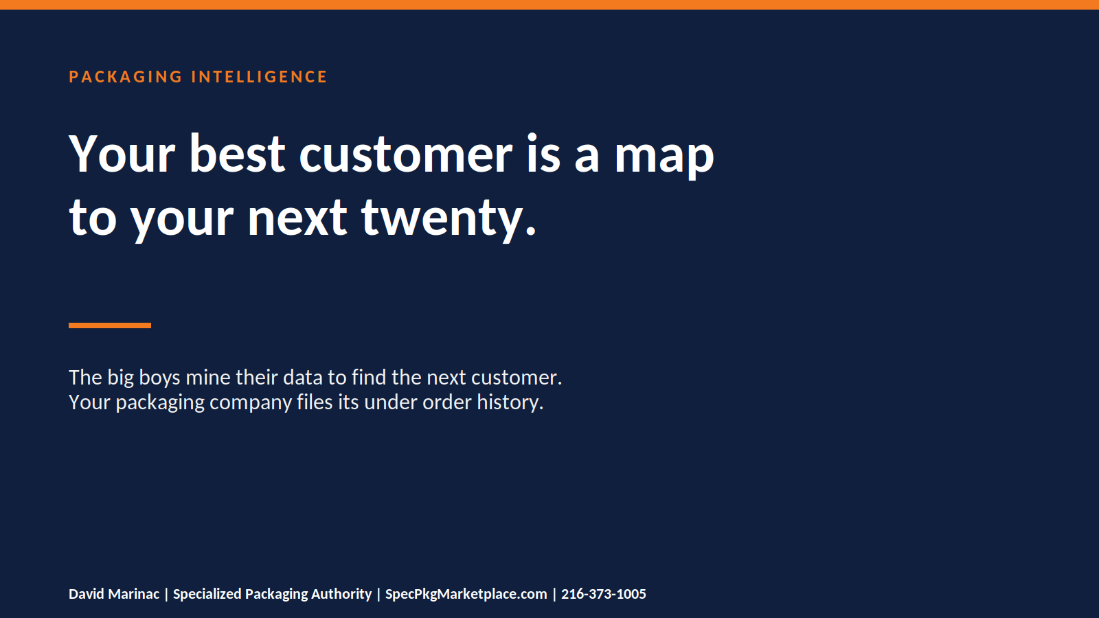 Text graphic reading Your best customer is a map to your next twenty, in the Specialized Packaging Authority brand palette.