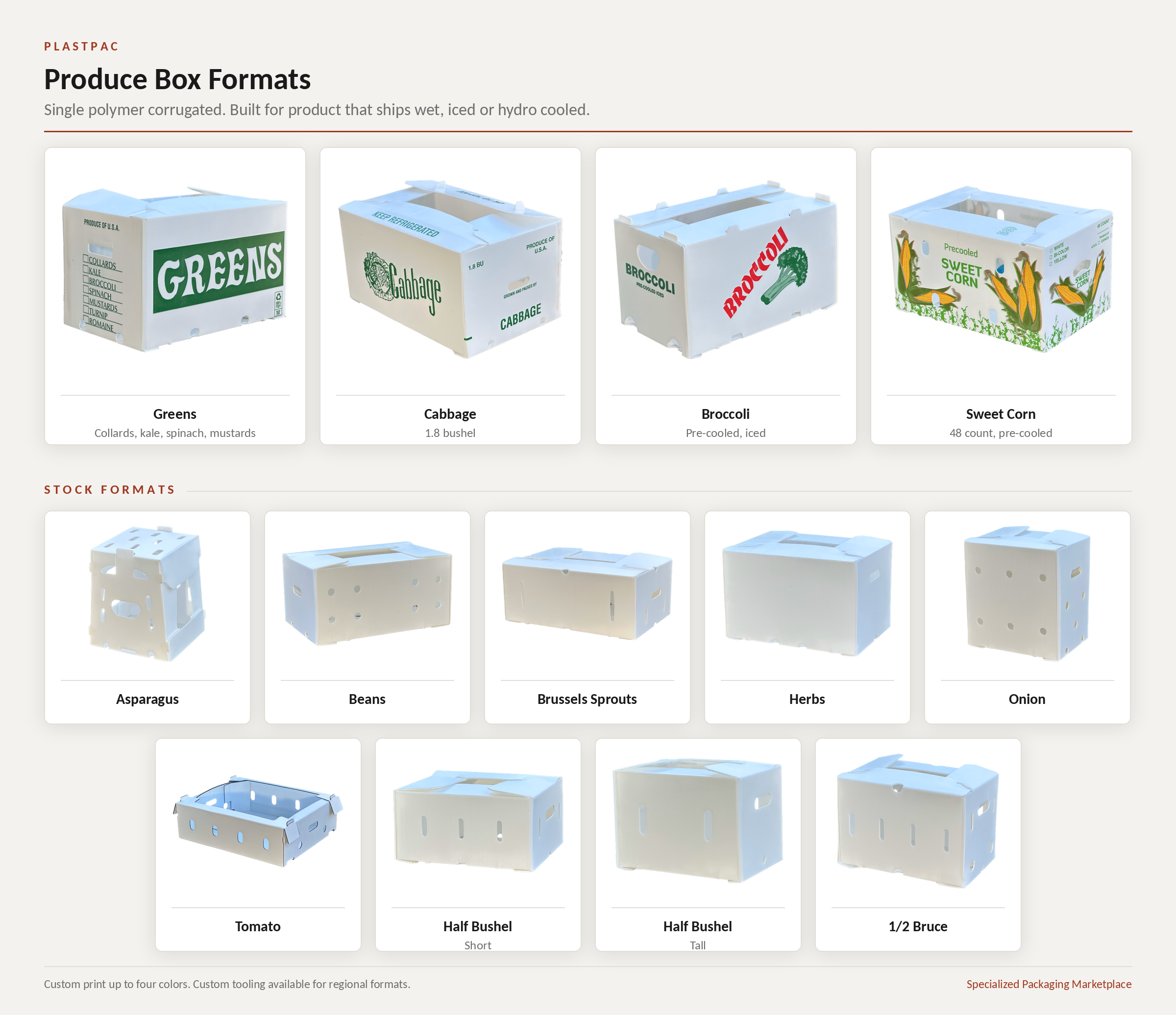 Plastpac produce box formats: printed greens, cabbage, broccoli and sweet corn cartons plus stock formats for asparagus, beans, herbs, onions and tomatoes