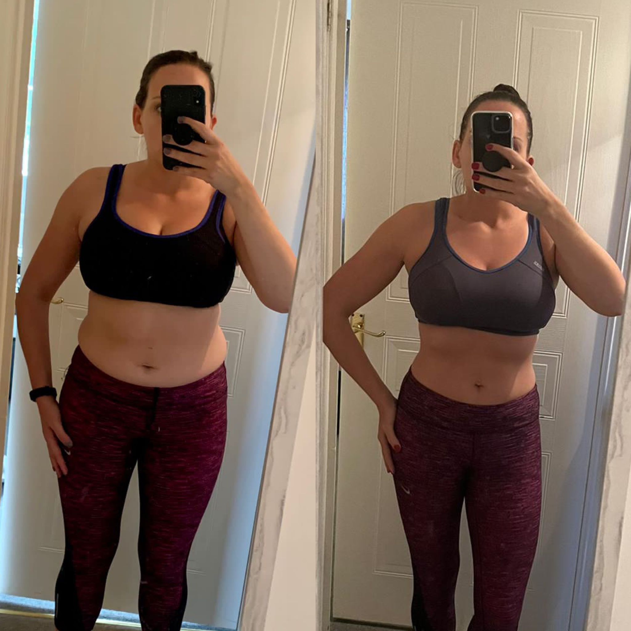 Side-by-side before and after photos of a successful female client.  