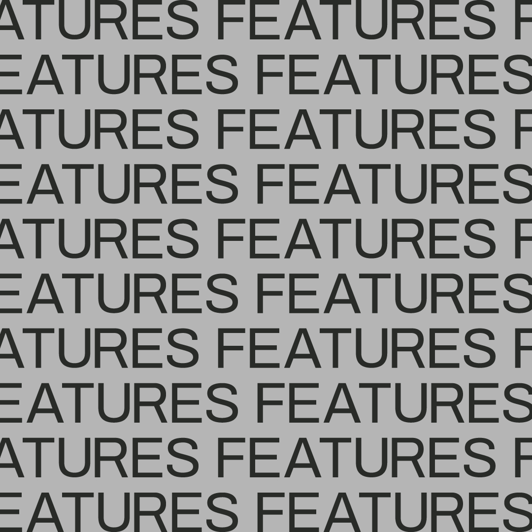 The word “Features” showcased on a sleek silver backdrop, introducing ODO’s capabilities.