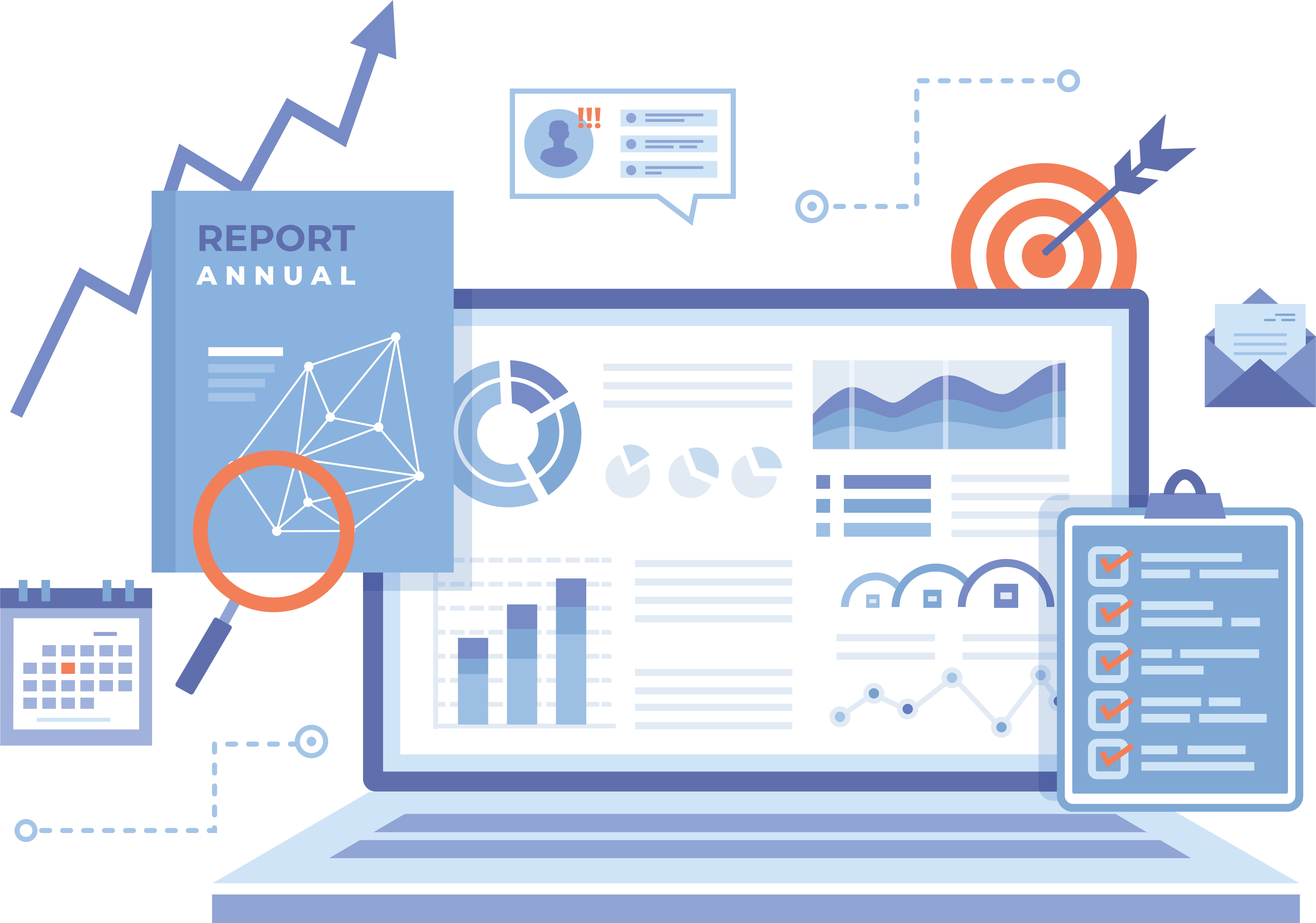 Laptop displaying charts and graphs with annual report, checklist, calendar, target, and message icons.