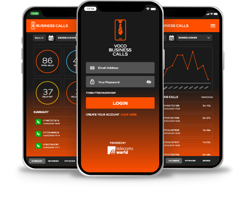 Three phones showing VOCO Business Calls app login and call summary screens with charts and call details. Virtual Numbers, 0800 Numbers, 0333 Numbers, 0300 Numbers