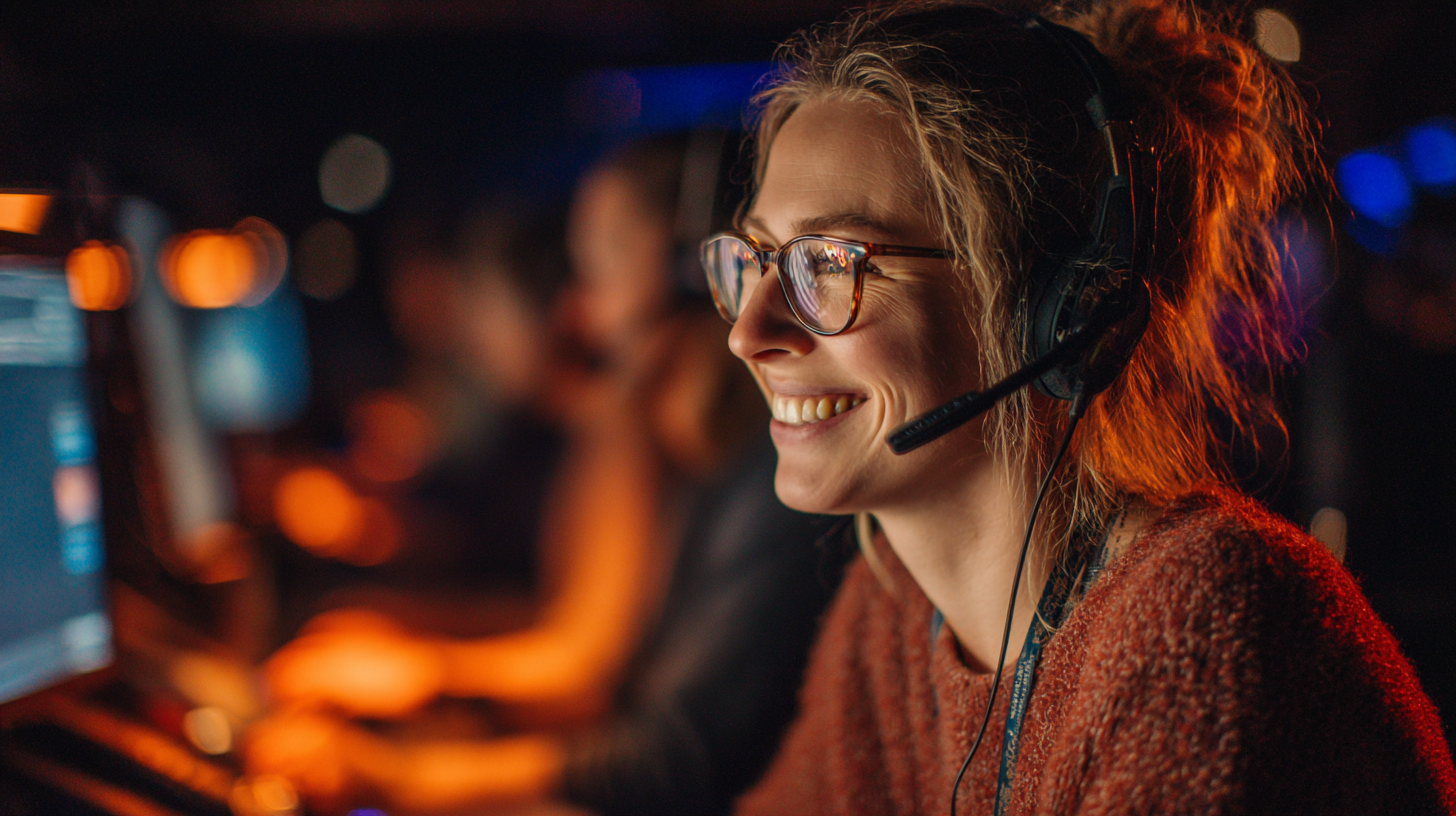 Smiling woman wearing glasses and headset working in a dimly lit office with computer screens.