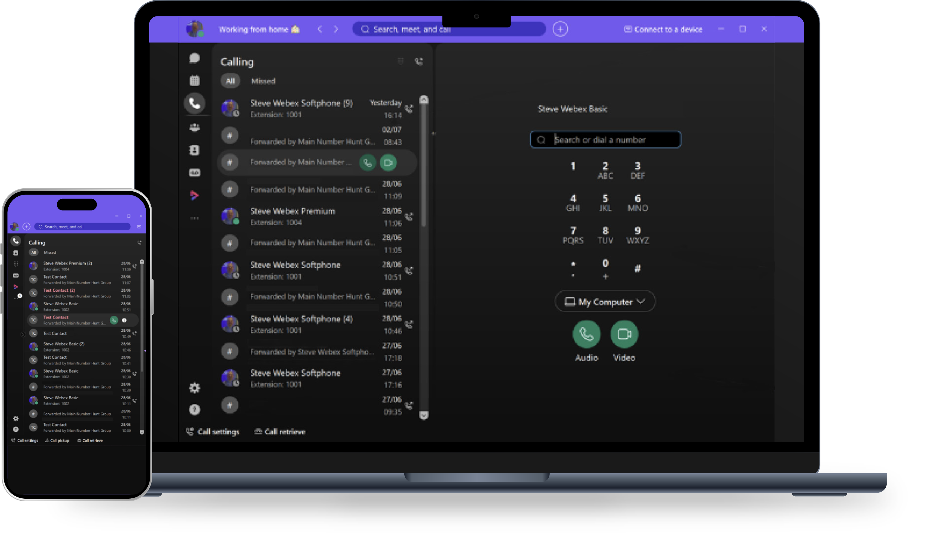 Laptop and smartphone displaying a dark-themed Webex calling interface with call history and a dial pad.