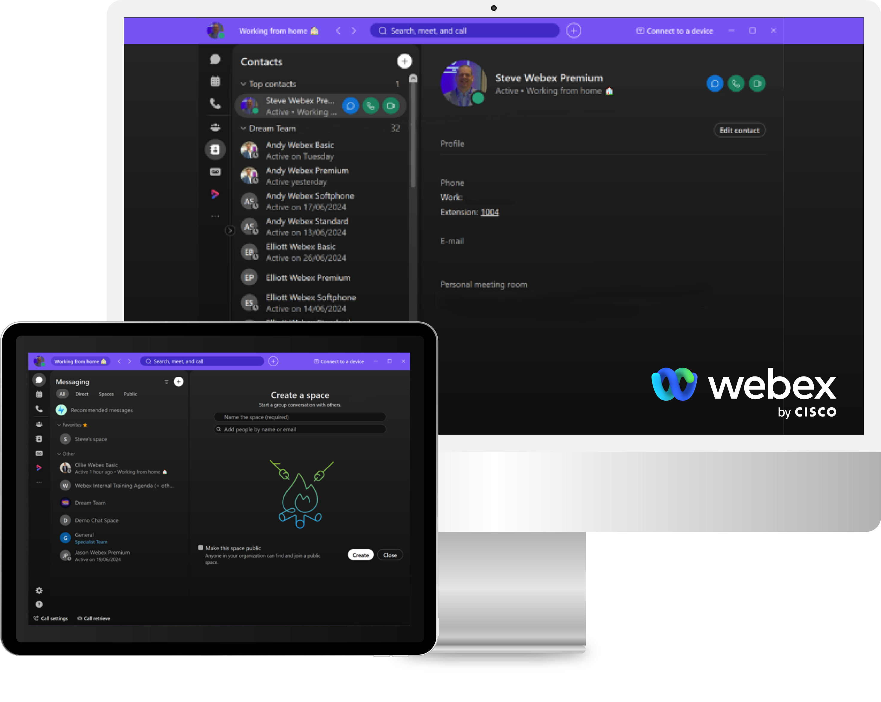 Computer and tablet screens showing Cisco Webex app with contacts list, messaging, and space creation features.