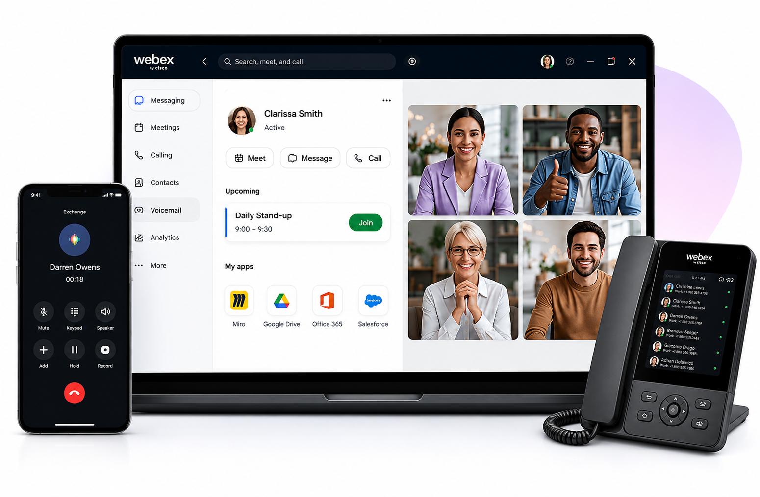 Webex collaboration on phone, laptop with video call and desk phone showing contacts and call options.