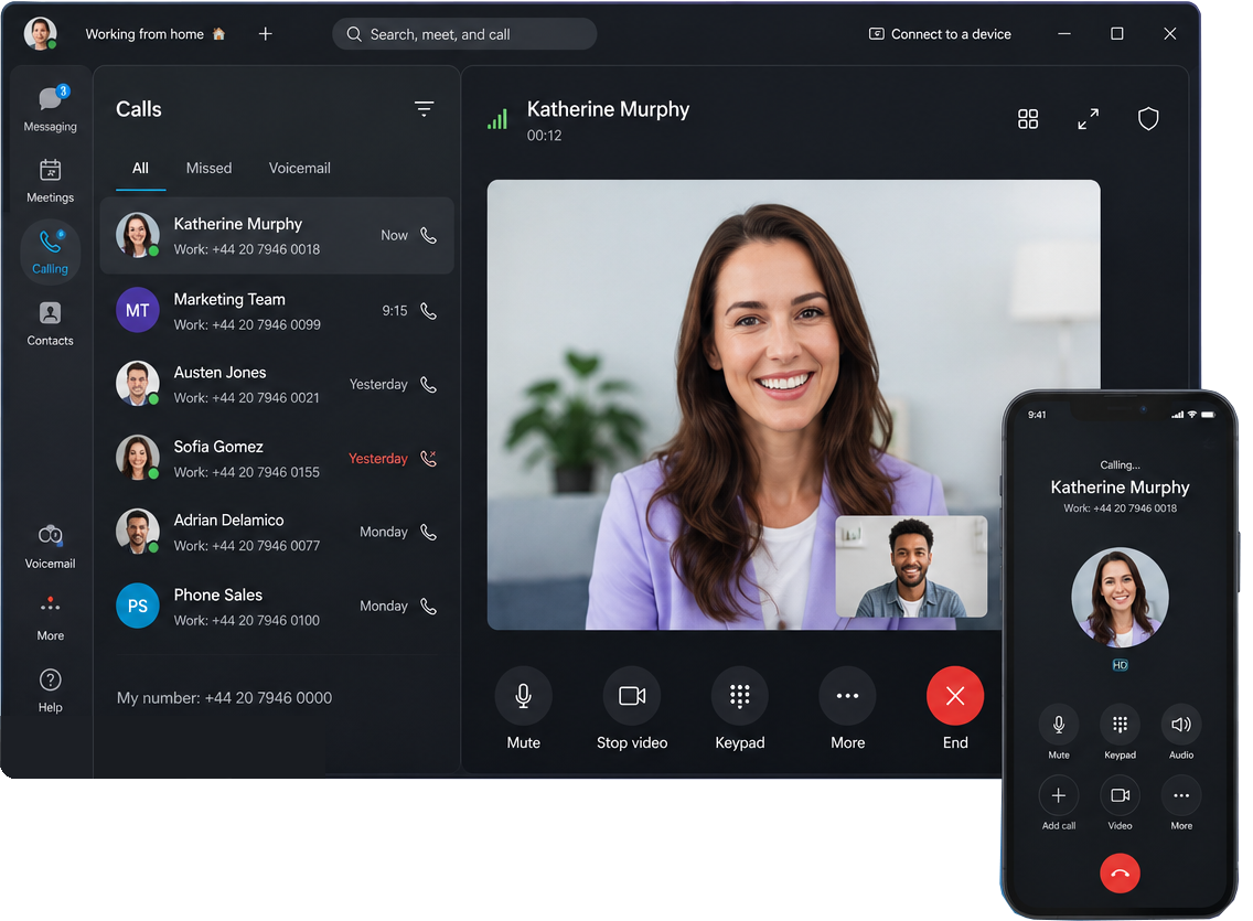 Video call interface showing Katherine Murphy on desktop and a calling screen on a smartphone.