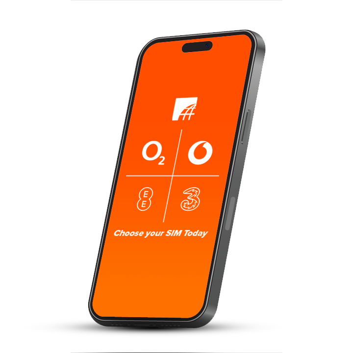 Smartphone screen with logos of O2, Vodafone, EE, and Three above text Choose your SIM Today.