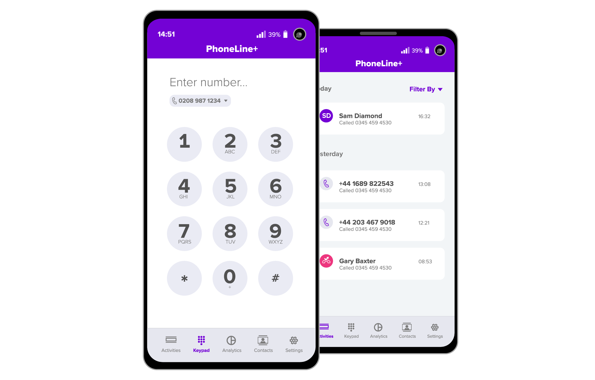 PhoneLine+ app screens: dial pad with number input and recent calls list with names and timestamps.