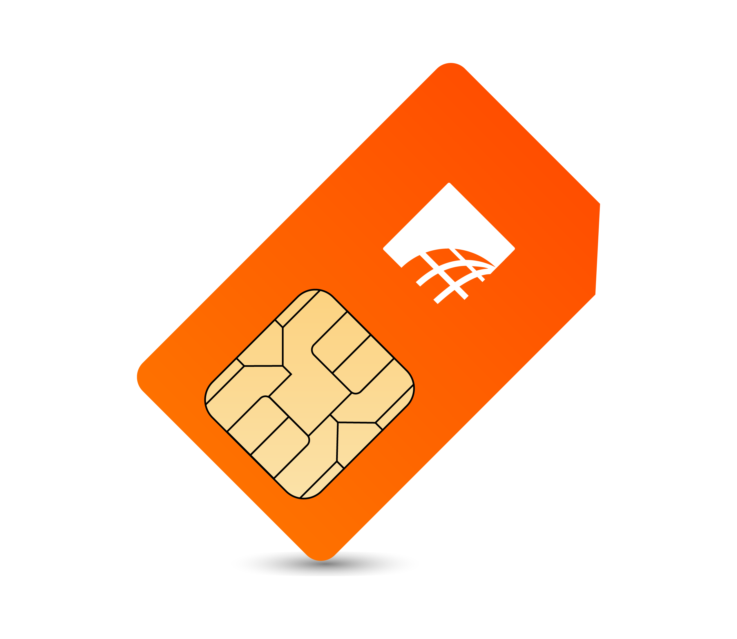 Orange SIM card with a chip and a white network signal icon on a white background.