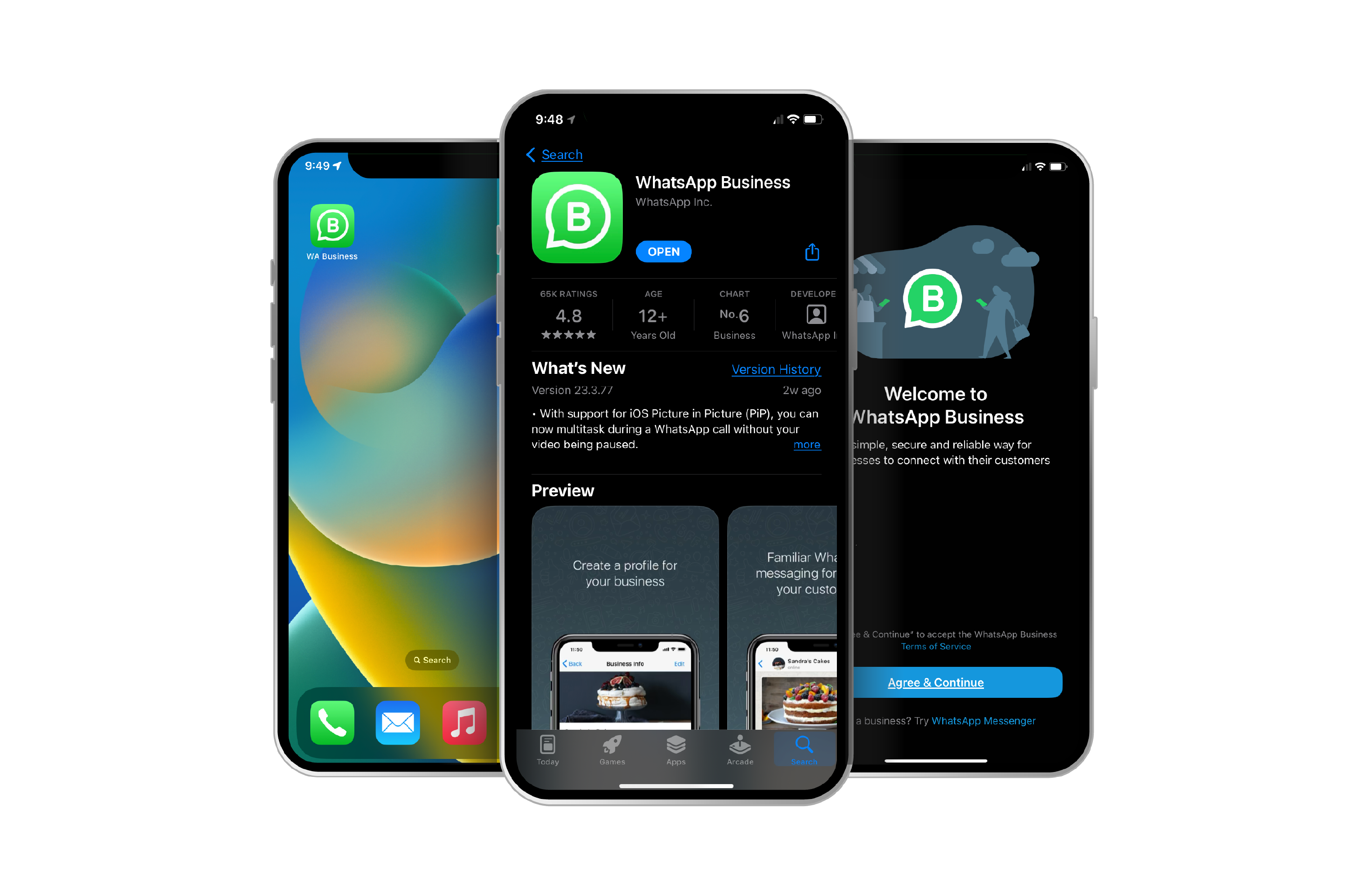 Three smartphones showing WhatsApp Business app icon, app page in store, and welcome screen.
