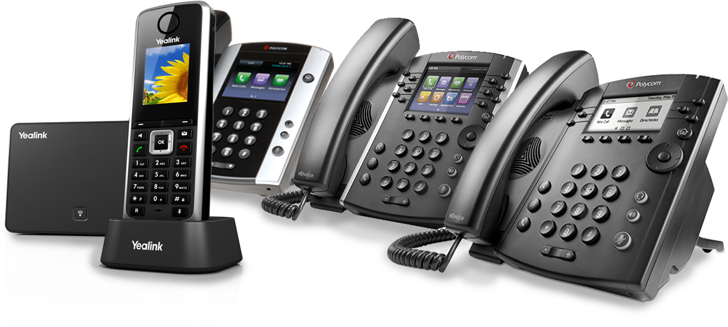 A lineup of five office telephones including cordless and corded models from Yealink and Polycom.