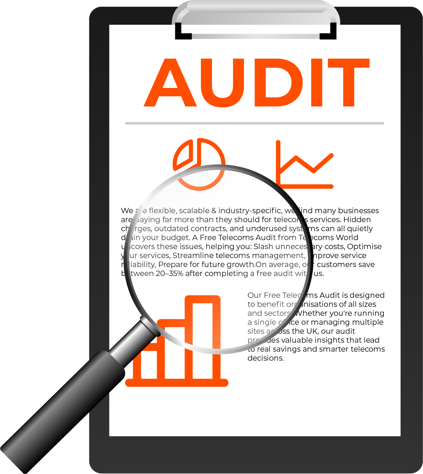 Clipboard with 'AUDIT' title, graphs, and text under a magnifying glass emphasizing telecom audit details.