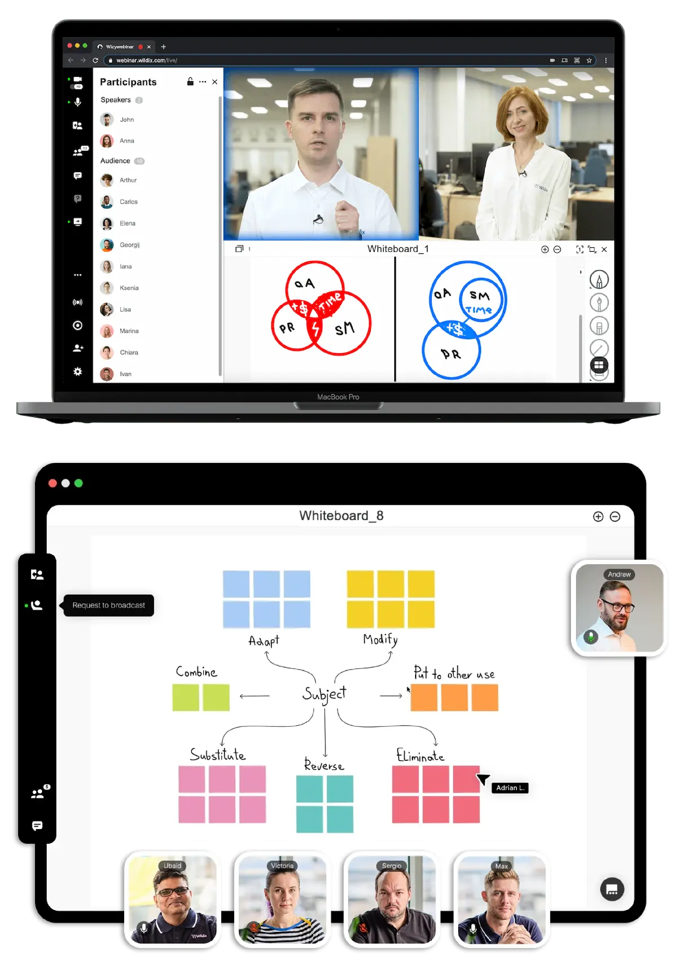 Video call with multiple participants and whiteboards showing diagrams and brainstorming notes on laptop screen.