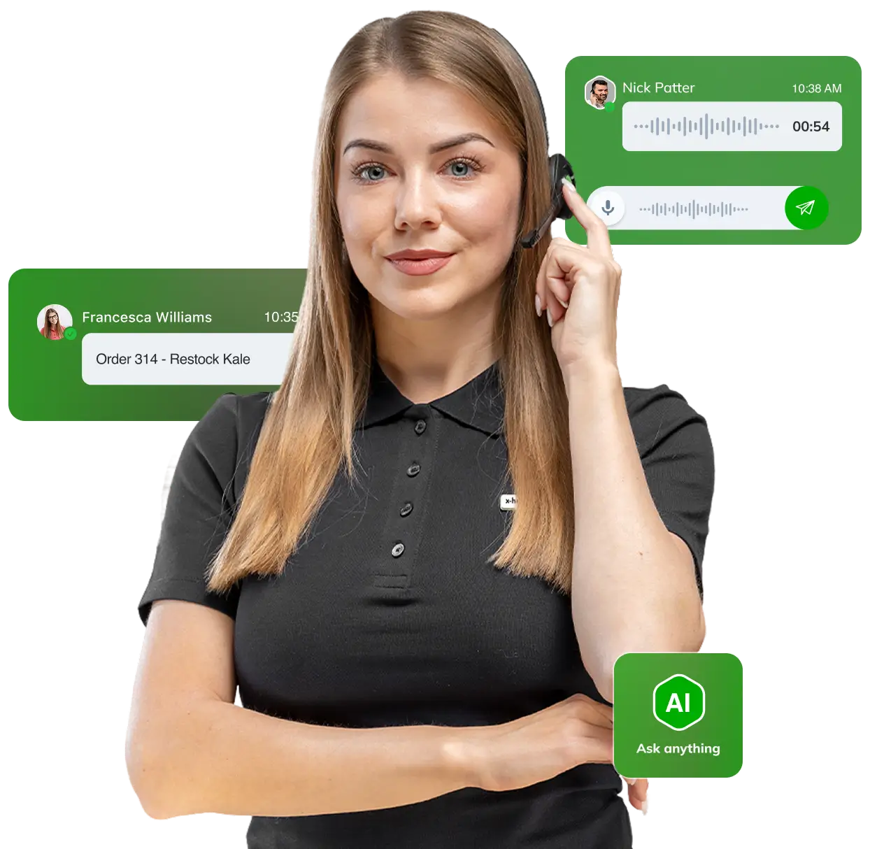 Woman with headset managing communication, chat bubbles show order and voice messages about restocking kale.