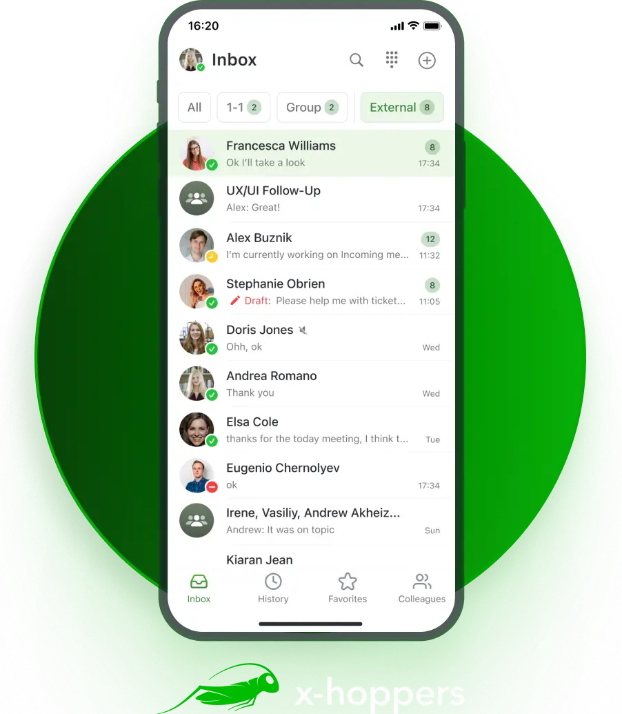 Smartphone showing an inbox app with messages from contacts and options like Inbox, History, Favorites, and Colleagues.