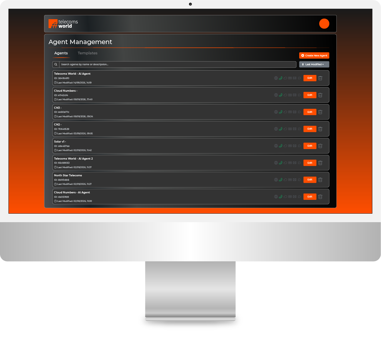 Computer screen showing a Telecoms World branded Agent Management interface with a list of AI agents, including names, IDs, last modified dates, and options to edit or delete each agent.