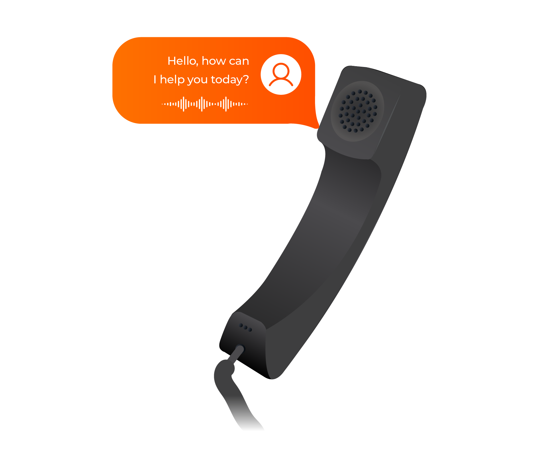 Black telephone handset with an orange speech bubble saying, 'Hello, how can I help you today?' and a voice waveform icon.