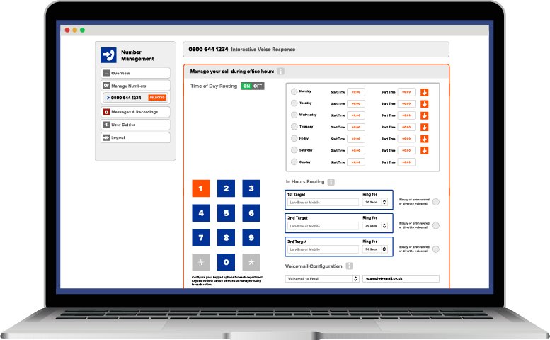Laptop screen showing an Interactive Voice Response (IVR) system interface for number management, featuring a numeric keypad, call routing settings by day and in-hours targets, and voicemail configuration settings.