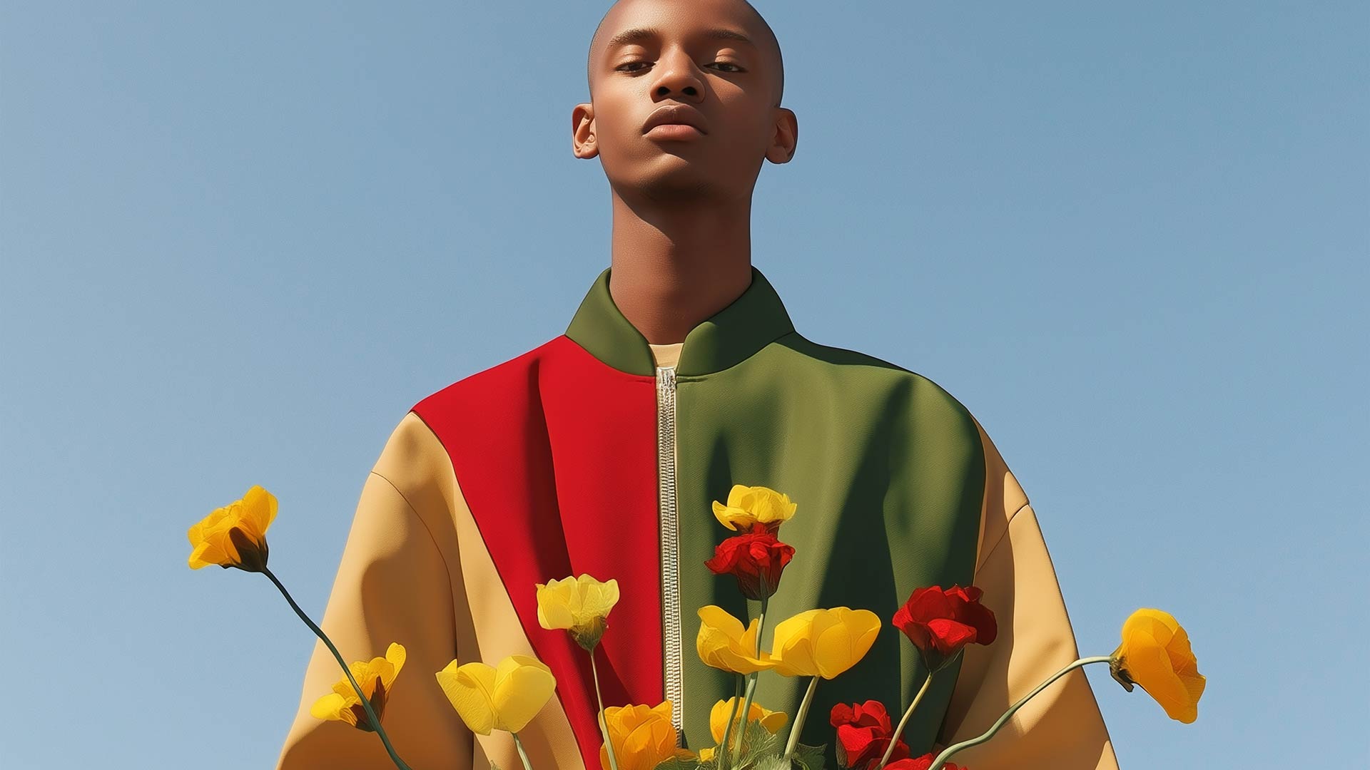Bald man with colorful coat with flower in his hands.