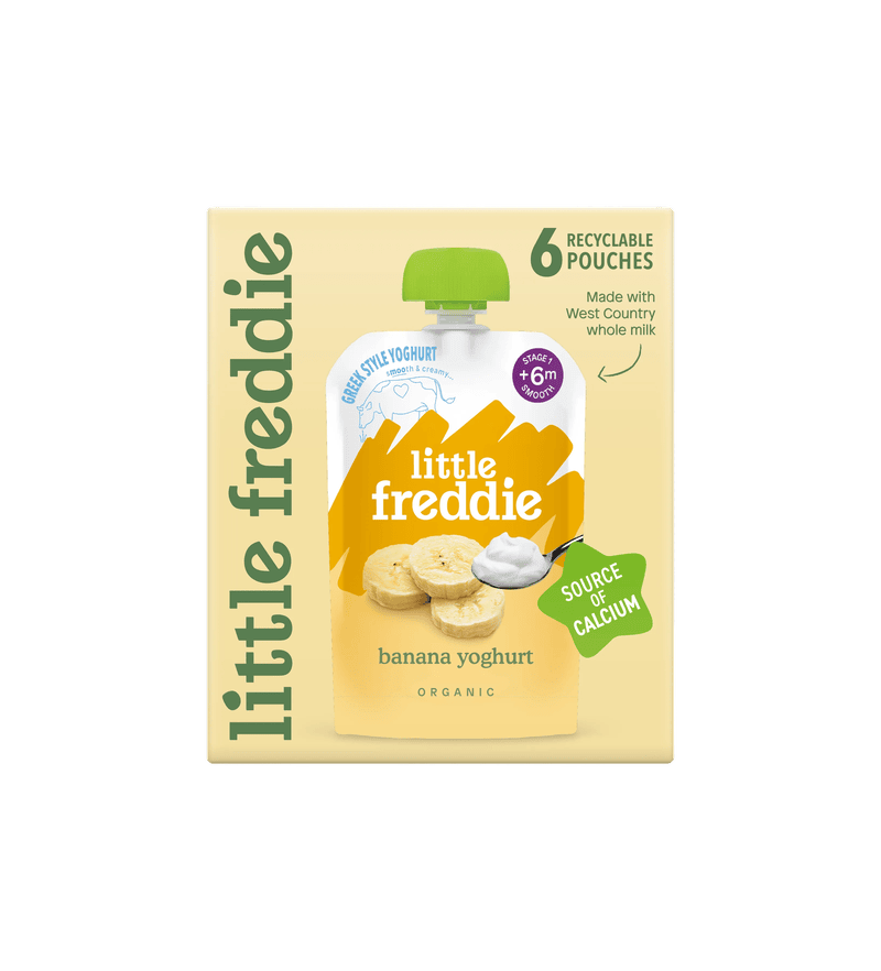 Little Freddie organic banana yoghurt pack with recyclable pouches.