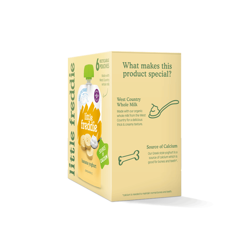 Little Freddie Banana Yoghurt six-pack, organic, rich in calcium.
