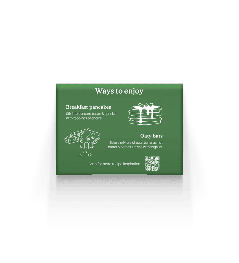 Recipe ideas for breakfast pancakes and oaty bars with a QR code for more recipes.
