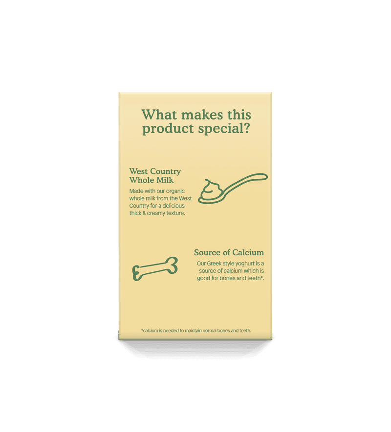 Yoghurt box highlighting West Country whole milk and calcium benefits.