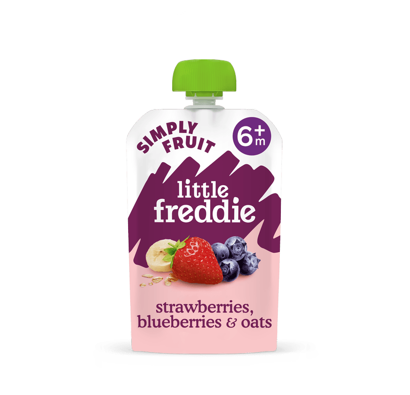 Little Freddie fruit pouch with strawberries, blueberries, and oats for 6+ months.