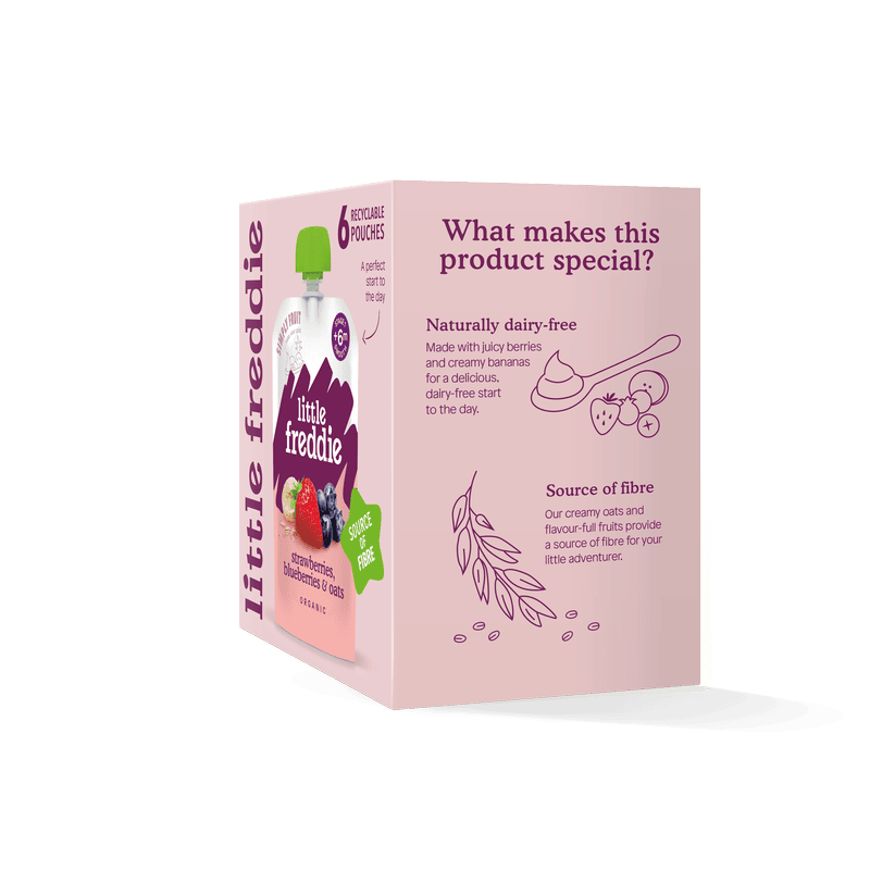 Little Freddie strawberry, blueberry & oat baby food pack, dairy-free and fibre-rich.