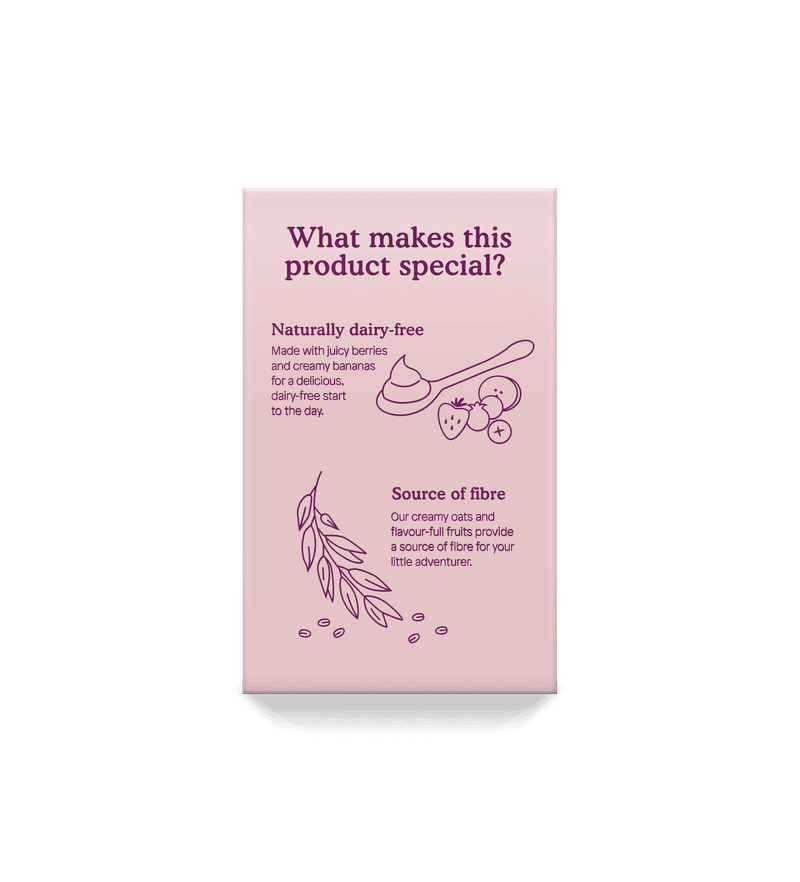 Pink packaging highlights dairy-free and fibre-rich features with fruit images.