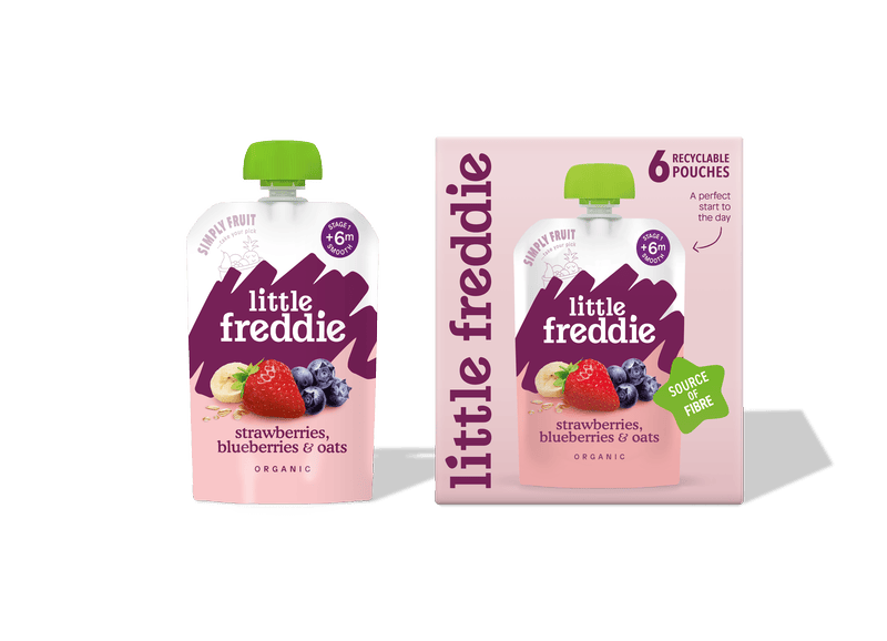 Little Freddie organic baby food with strawberries, blueberries, and oats.