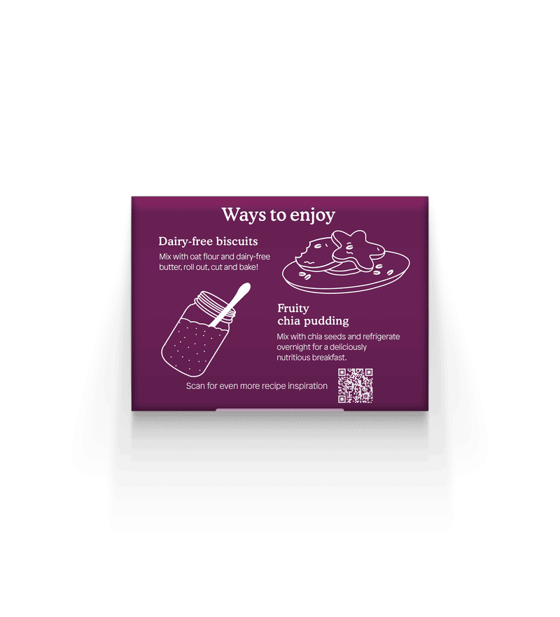 Recipe card showing dairy-free biscuits and fruity chia pudding suggestions.