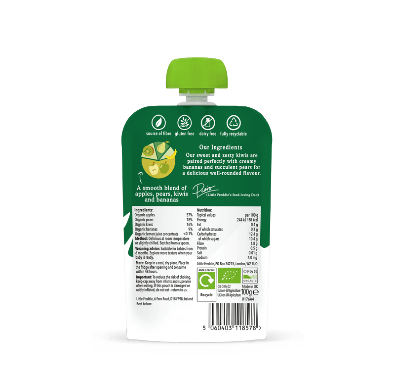 Little Freddie fruit puree pouch with apples, pears, bananas, and kiwis.