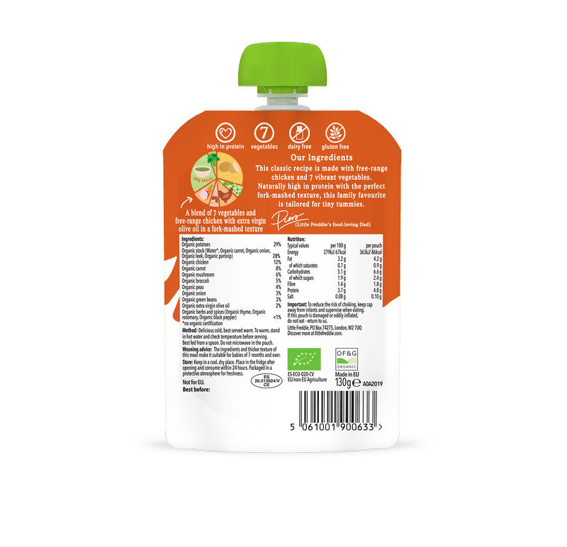 Back of Little Freddie organic baby food pouch, high in protein with 7 vegetables.