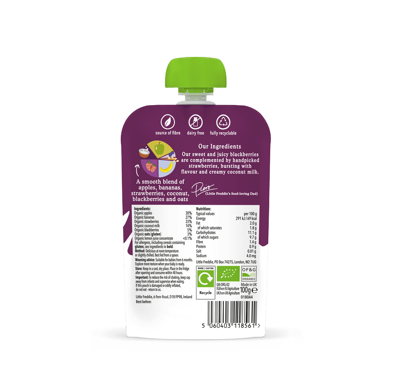 Little Freddie organic fruit pouch with nutritional info and ingredients.