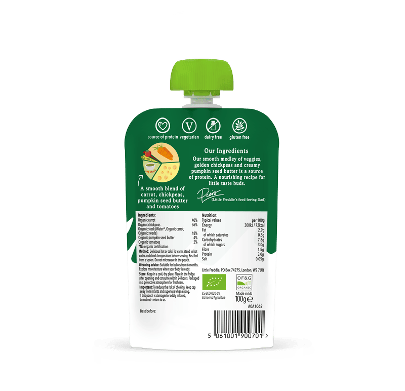 Little Freddie veggie and chickpea blend baby food pouch with ingredients.