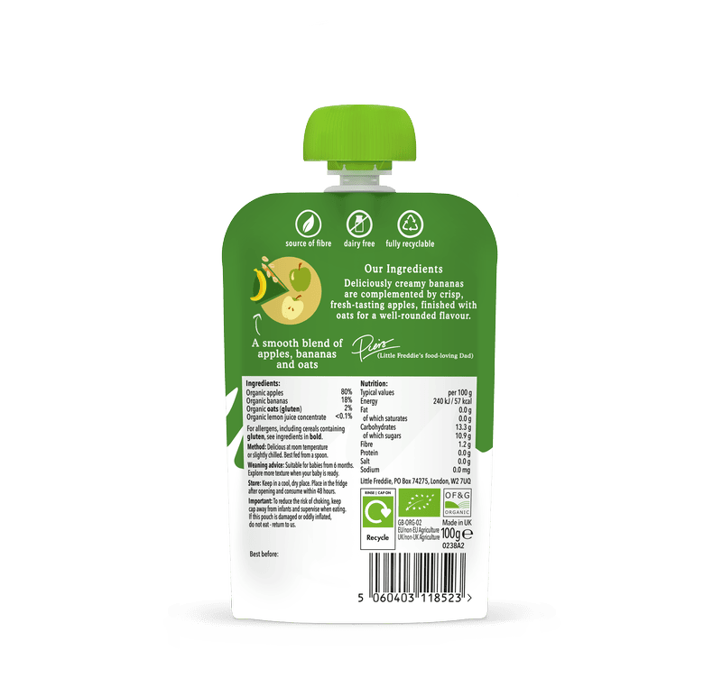 Little Freddie organic apples, bananas, and oats baby food pouch