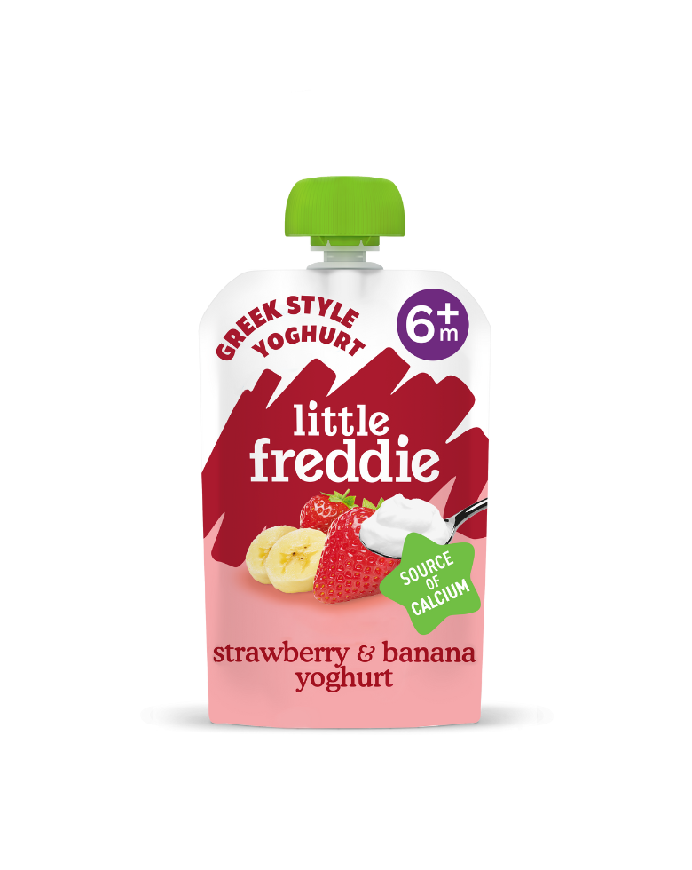 Little Freddie strawberry and banana yoghurt pouch for babies 6 months and older.