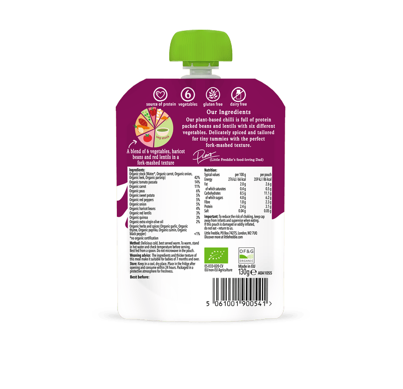 Little Freddie organic plant-based chilli baby food pouch, 130g.
