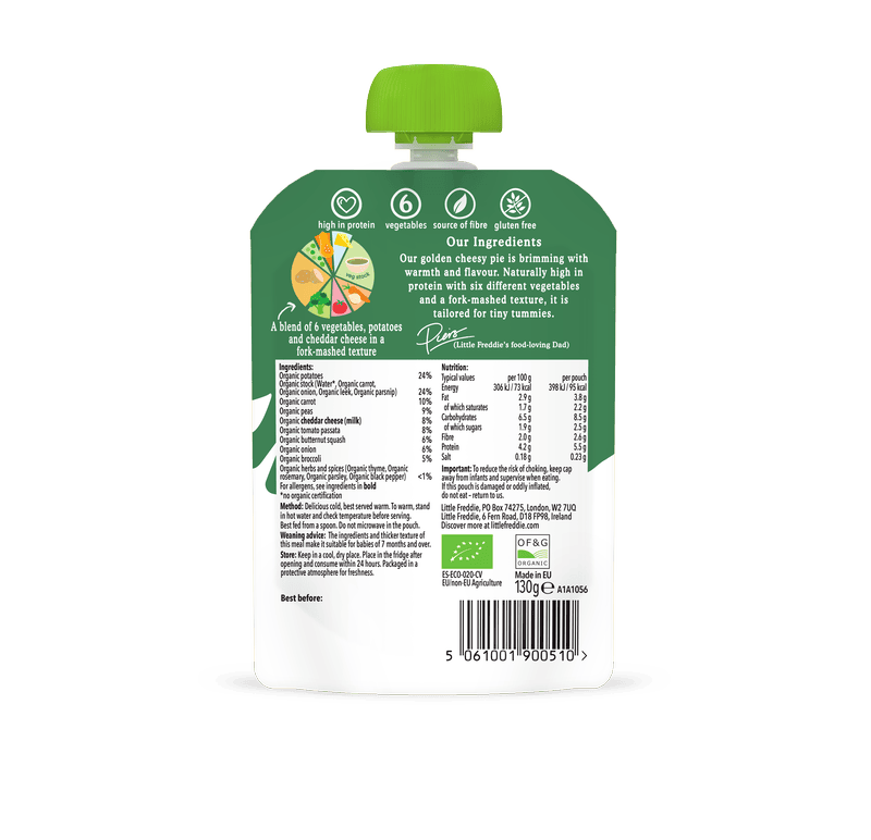 Little Freddie organic children's food pouch with nutritional information.