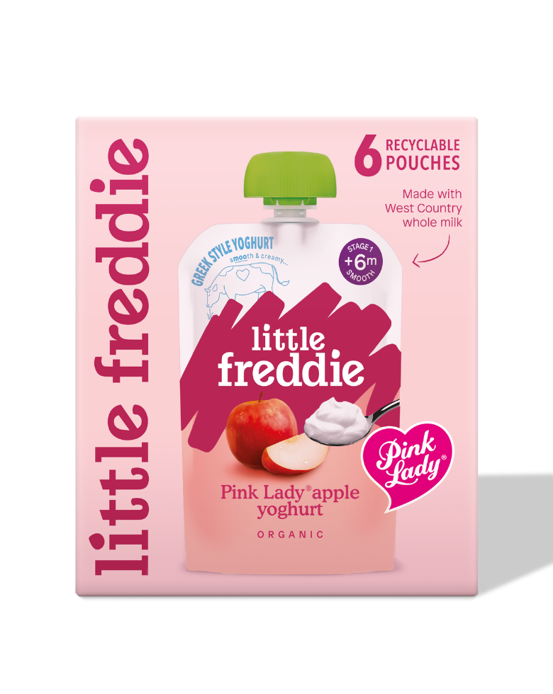 Little Freddie Pink Lady apple yoghurt pouches, organic, 6-pack.