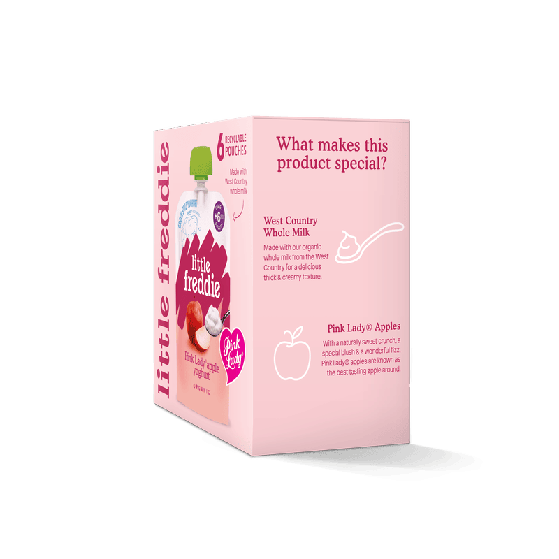 Little Freddie Pink Lady apple yoghurt packaging, featuring recyclable pouches.