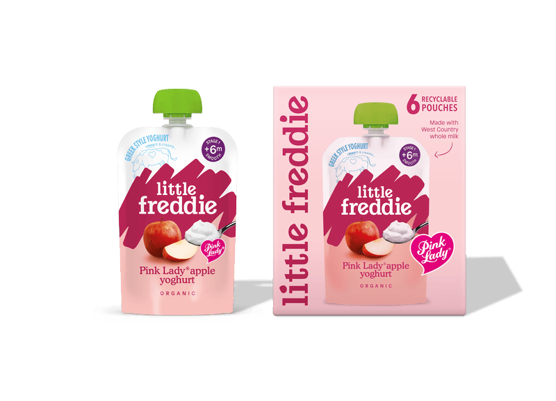 Little Freddie Pink Lady apple yoghurt pouch and box for infants.
