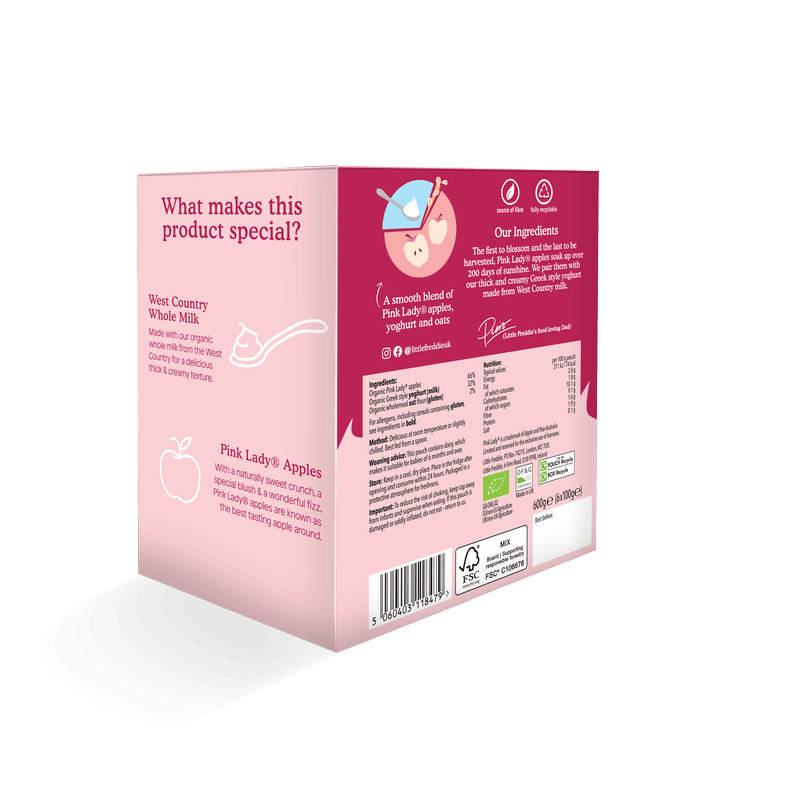 Pink Lady® apple-yoghurt blend packaging with product details and ingredients.