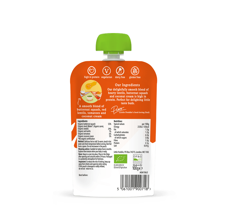 Little Freddie's organic baby food pouch with butternut squash, lentils, and coconut.