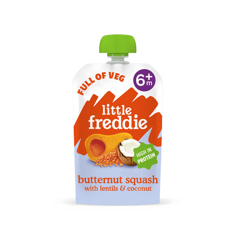 Little Freddie butternut squash pouch, high protein baby food for 6+ months.
