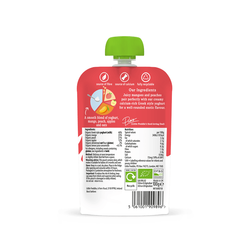 Little Freddie Greek yoghurt pouch, mango peach flavour, nutritional info visible.
